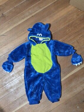 Infant Halloween Sparkly Blue Monster Costume green belly, Claw Mittens Sz 3-6 M
